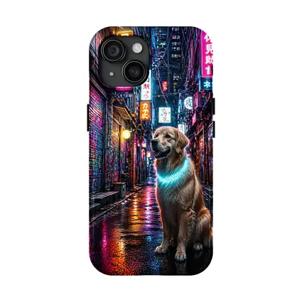 Golden Retriever Glowing Neon Cyberpunk City Alley