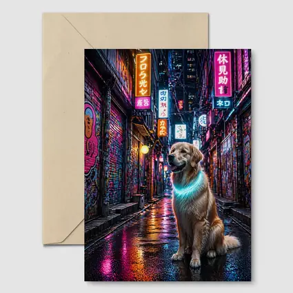 Golden Retriever Glowing Neon Cyberpunk City Alley