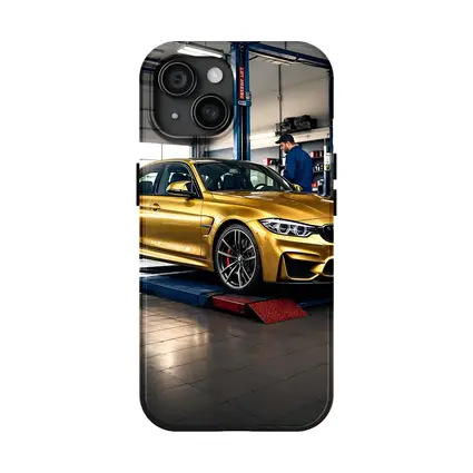 Gold BMW M3 Inside Auto Service Garage