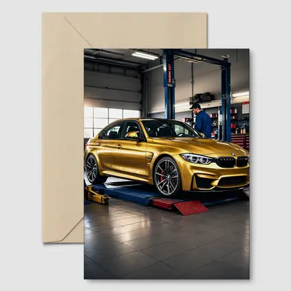 Gold BMW M3 Inside Auto Service Garage