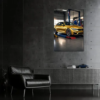 Gold BMW M3 Inside Auto Service Garage