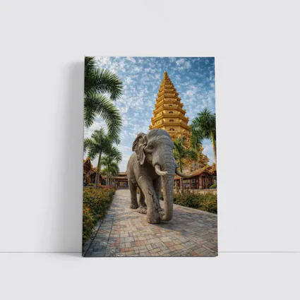 Elephant Walking Toward Golden Buddhist Pagoda