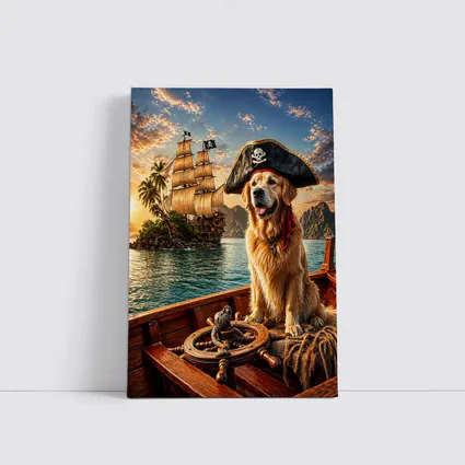 Golden Retriever Pirate Captain Sailing Tropical Island