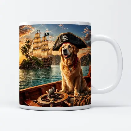 Golden Retriever Pirate Captain Sailing Tropical Island