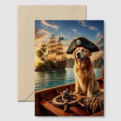 Golden Retriever Pirate Captain Sailing Tropical Island