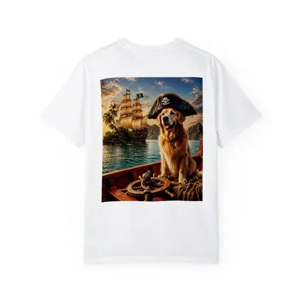 Golden Retriever Pirate Captain Sailing Tropical Island