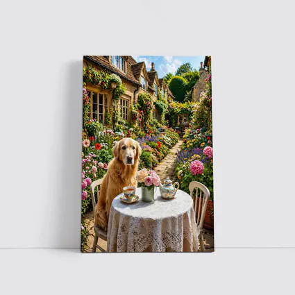 Golden Retriever Tea Time Cottage Garden