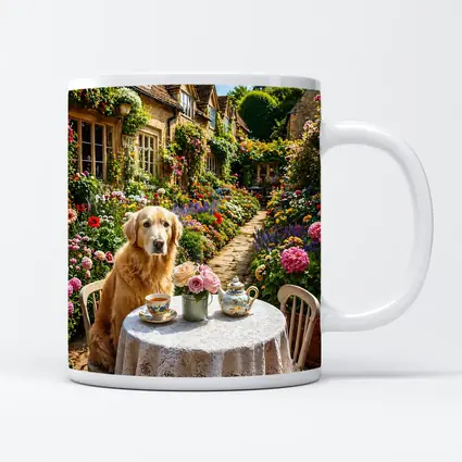 Golden Retriever Tea Time Cottage Garden