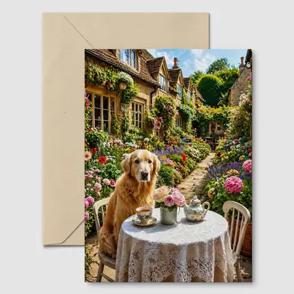 Golden Retriever Tea Time Cottage Garden