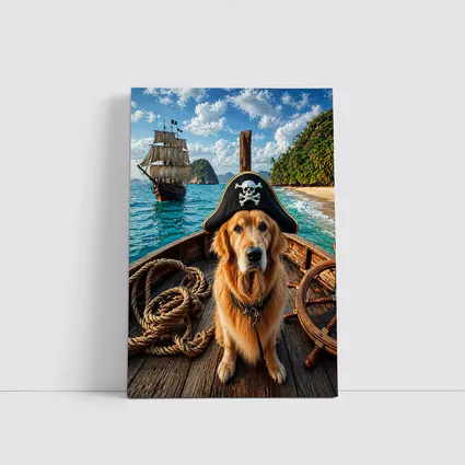 Golden Retriever Pirate Captain Tropical Island Ship
