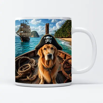 Golden Retriever Pirate Captain Tropical Island Ship
