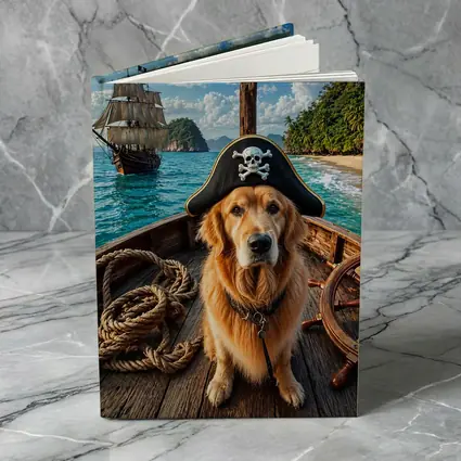 Golden Retriever Pirate Captain Tropical Island Ship