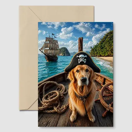 Golden Retriever Pirate Captain Tropical Island Ship