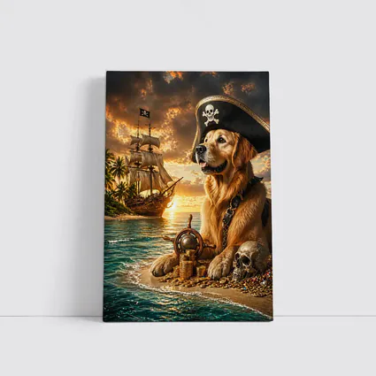 Golden Retriever Pirate Captain Treasure Island Sunset