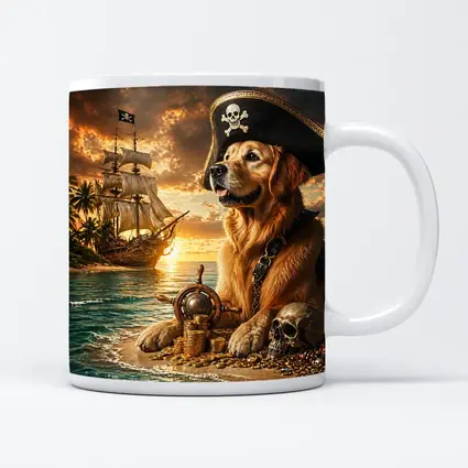 Golden Retriever Pirate Captain Treasure Island Sunset