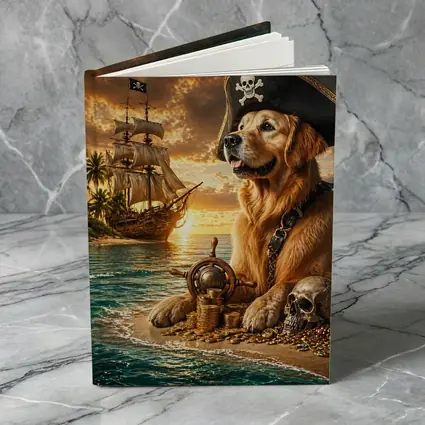 Golden Retriever Pirate Captain Treasure Island Sunset