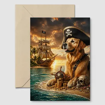 Golden Retriever Pirate Captain Treasure Island Sunset