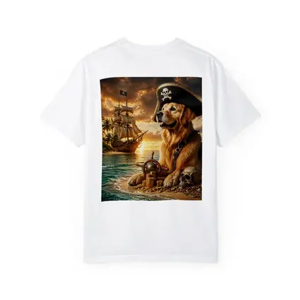 Golden Retriever Pirate Captain Treasure Island Sunset