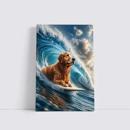 Golden Retriever Surfing Giant Ocean Wave