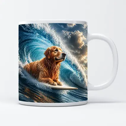 Golden Retriever Surfing Giant Ocean Wave