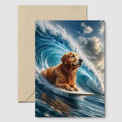 Golden Retriever Surfing Giant Ocean Wave
