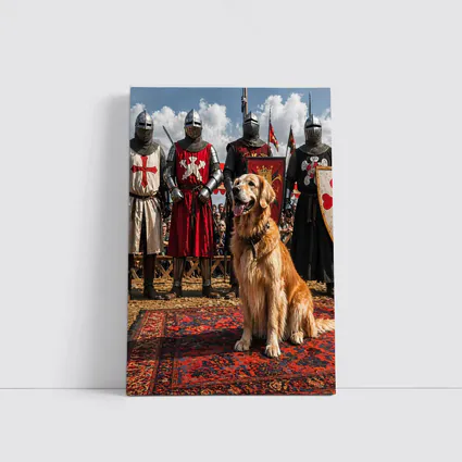 Golden Retriever Sitting Among Medieval Knights