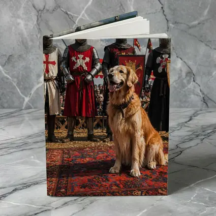 Golden Retriever Sitting Among Medieval Knights