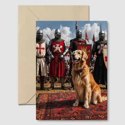 Golden Retriever Sitting Among Medieval Knights