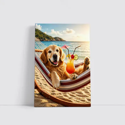 Golden Retriever Relaxing Beach Hammock Tropical Cocktail
