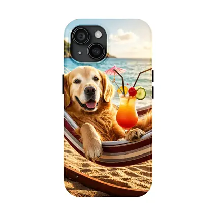 Golden Retriever Relaxing Beach Hammock Tropical Cocktail