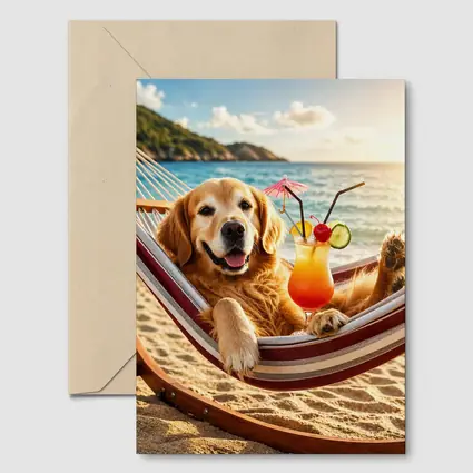 Golden Retriever Relaxing Beach Hammock Tropical Cocktail
