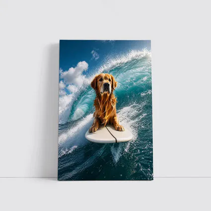 Golden Retriever Surfing Ocean Wave Blue Sky