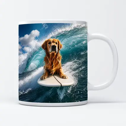 Golden Retriever Surfing Ocean Wave Blue Sky