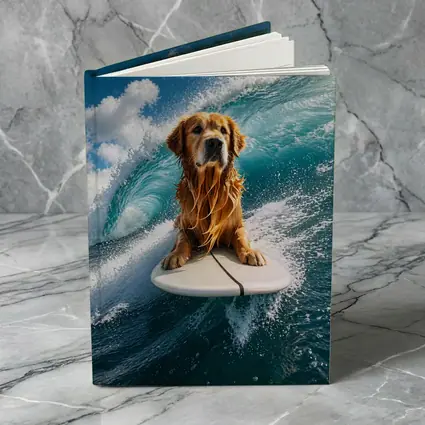 Golden Retriever Surfing Ocean Wave Blue Sky