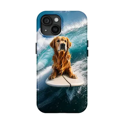 Golden Retriever Surfing Ocean Wave Blue Sky