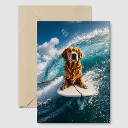 Golden Retriever Surfing Ocean Wave Blue Sky