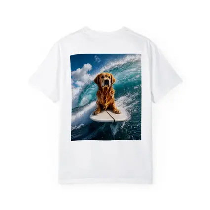 Golden Retriever Surfing Ocean Wave Blue Sky