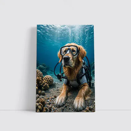 Golden Retriever Scuba Diver Underwater Coral Scene