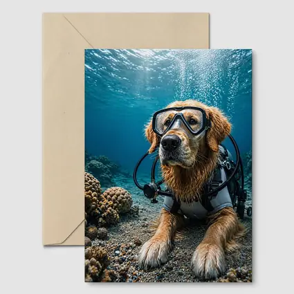Golden Retriever Scuba Diver Underwater Coral Scene