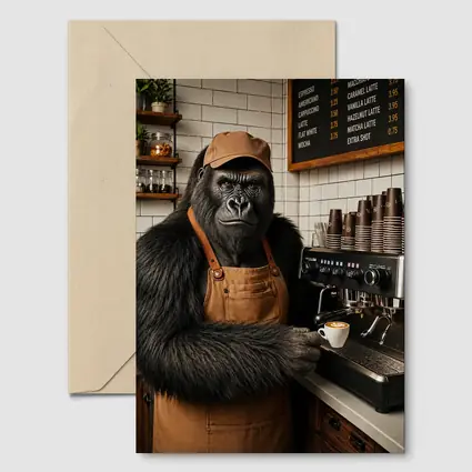 Gorilla Barista Serving Espresso In Cafe