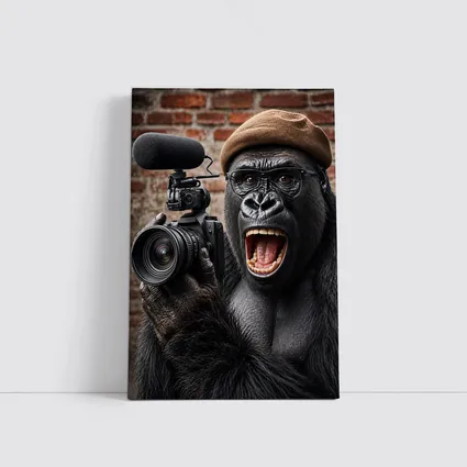 Gorilla Filmmaker With Camera Brick Background