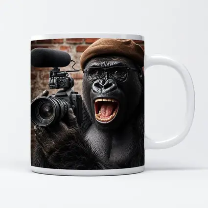 Gorilla Filmmaker With Camera Brick Background