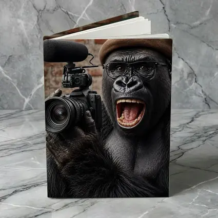 Gorilla Filmmaker With Camera Brick Background