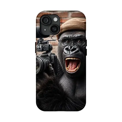 Gorilla Filmmaker With Camera Brick Background