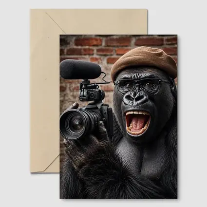 Gorilla Filmmaker With Camera Brick Background