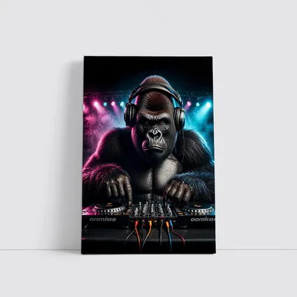 Gorilla DJ Spinning Decks Neon Club