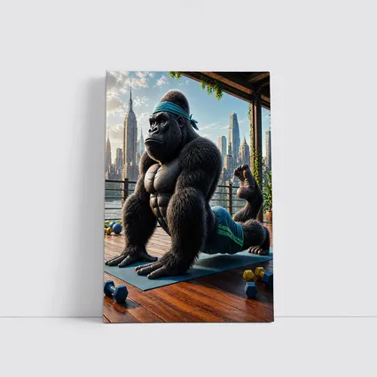 Gorilla Doing Yoga City Skyline Background