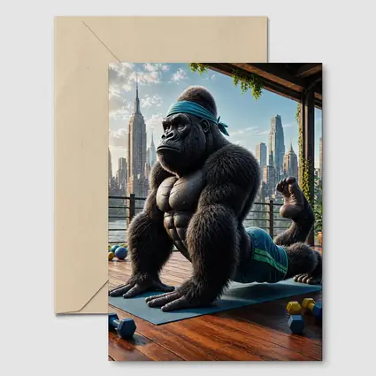 Gorilla Doing Yoga City Skyline Background