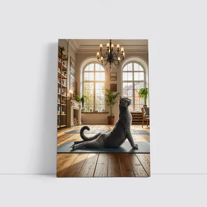 Russian Blue Cat Doing Yoga Bright Interior