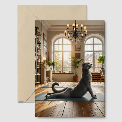 Russian Blue Cat Doing Yoga Bright Interior